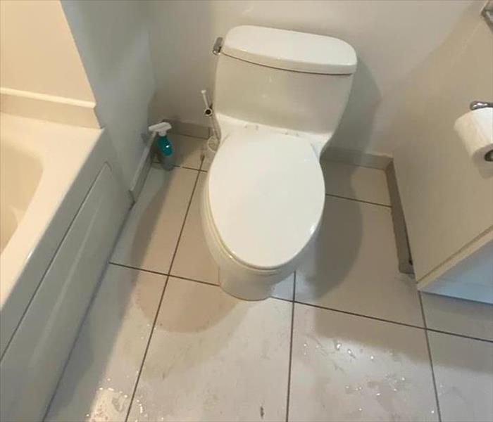 Picture is a seemingly normal toilet while the nearby floor is drenched in water.